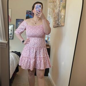 Ruffled pink off shoulder floral mid length dress